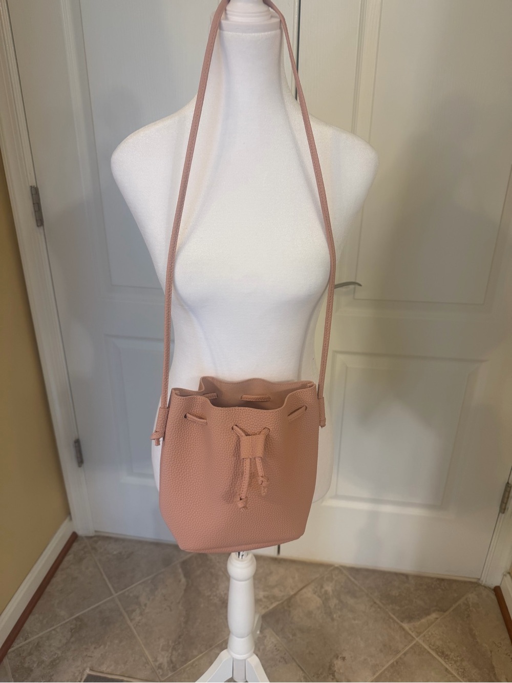 Macy's Blush Pink Pebbled Drawstring Bucket Crossbody New